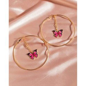 Butterfly Charm Hoop Earrings, Pink
